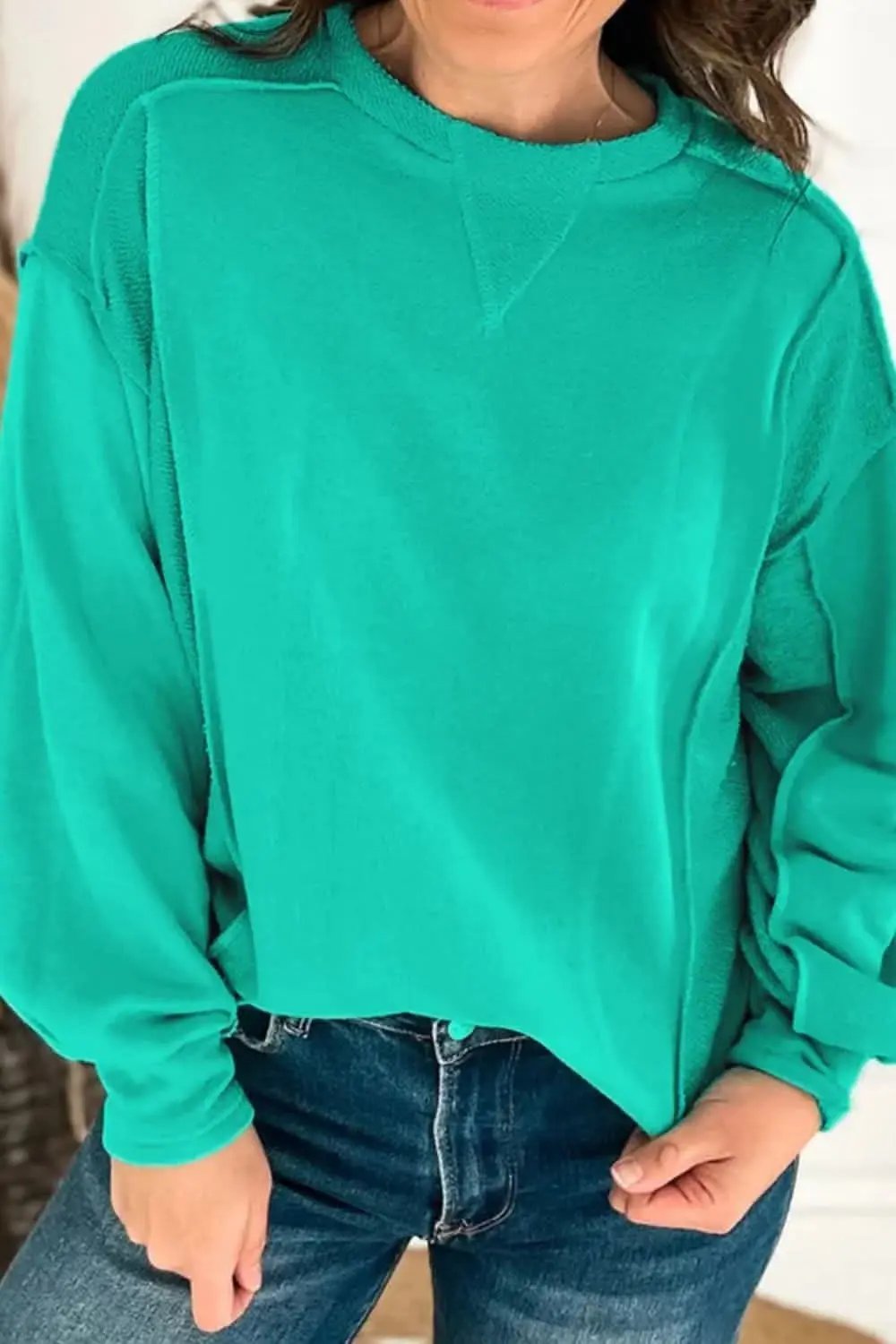 Exposed Seam Round Neck Long Sleeve Sweatshirt - Love Salve
